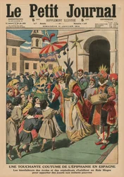 Ein rührender Epiphanie-Brauch in Spanien, die Wohltäter von Schulen und Waisenhäusern verkleidet als Magier, die armen Kindern Spielzeug geben, Titelbildillustration aus 